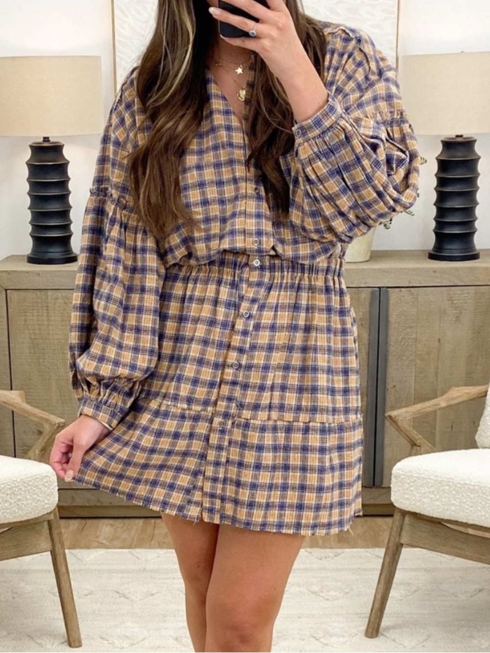 Talulah Flannel Plaid Button-Front Shirt Dress in Mustard & Navy